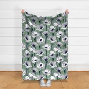 Large jumbo scale // Field of white poppies // jade green background white wildflowers oxford navy blue line contour