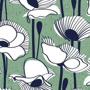 Large jumbo scale // Field of white poppies // jade green background white wildflowers oxford navy blue line contour