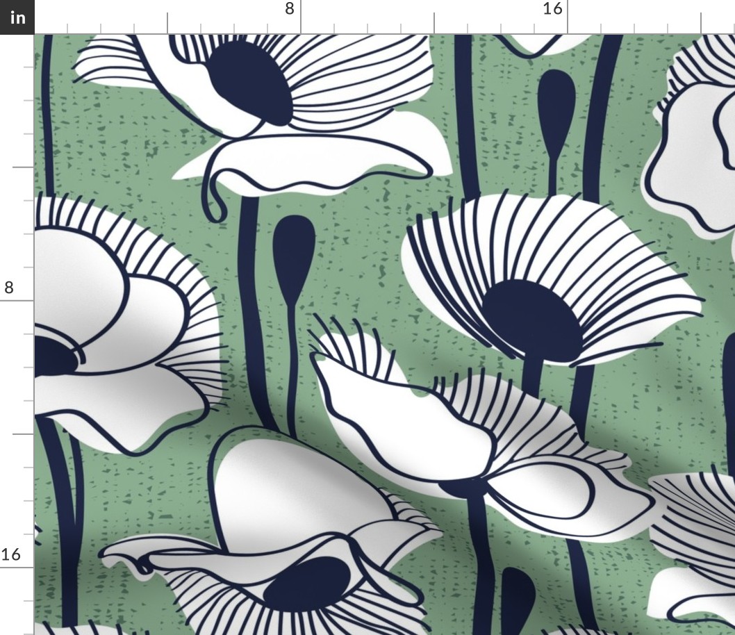 Large jumbo scale // Field of white poppies // jade green background white wildflowers oxford navy blue line contour