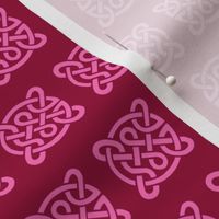 Celtic knots in pink on a maroon background 