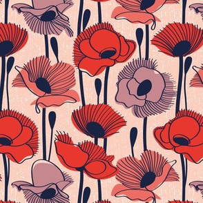 Small scale // Field of poppies // rose background neon red orange shade coral and dry rose wildflowers oxford navy blue line contour