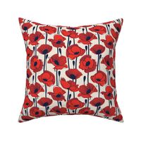 Small scale // Field of red poppies // white linen background neon red orange shade wildflowers oxford navy blue line contour