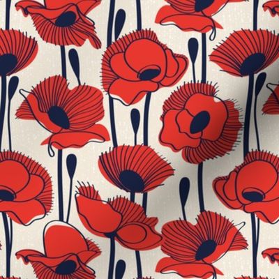 Small scale // Field of red poppies // white linen background neon red orange shade wildflowers oxford navy blue line contour