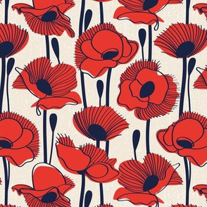 Small scale // Field of red poppies // white linen background neon red orange shade wildflowers oxford navy blue line contour