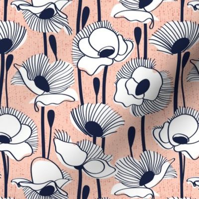 Small scale // Field of white poppies // rose background white wildflowers oxford navy blue line contour