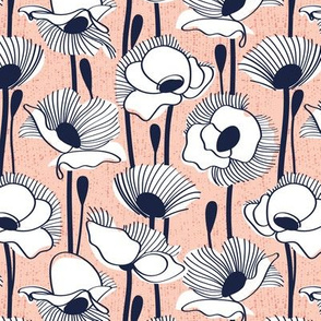 Small scale // Field of white poppies // rose background white wildflowers oxford navy blue line contour