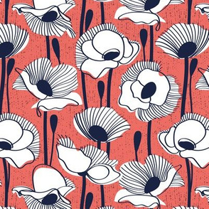 Small scale // Field of white poppies // coral background white wildflowers oxford navy blue line contour
