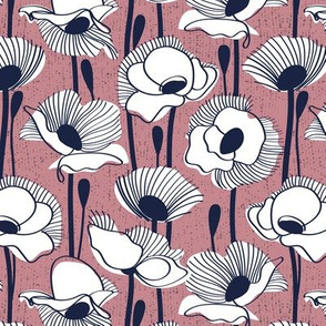 Small scale // Field of white poppies // dry rose background white wildflowers oxford navy blue line contour