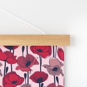 Small scale // Field of poppies // pastel pink background carmine red pink and dry rose wildflowers oxford navy blue line contour