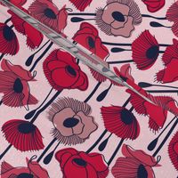 Small scale // Field of poppies // pastel pink background carmine red pink and dry rose wildflowers oxford navy blue line contour