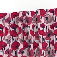 Small scale // Field of poppies // pastel pink background carmine red pink and dry rose wildflowers oxford navy blue line contour