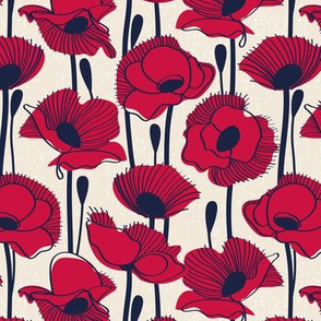 Small scale // Field of carmine red poppies // white linen background carmine red wildflowers oxford navy blue line contour