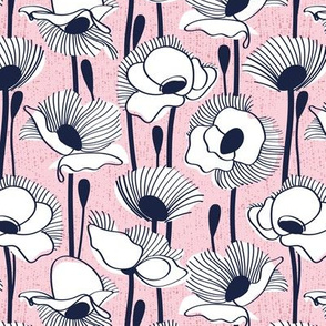 Small scale // Field of white poppies // pastel pink background white wildflowers oxford navy blue line contour