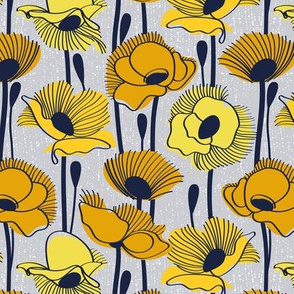 Small scale // Field of yellow poppies // light grey background yellow wildflowers oxford navy blue line contour