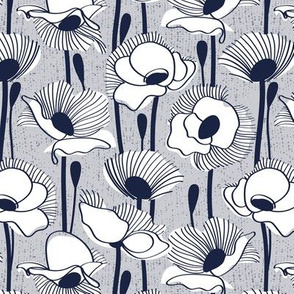 Small scale // Field of white poppies // light grey background white wildflowers oxford navy blue line contour