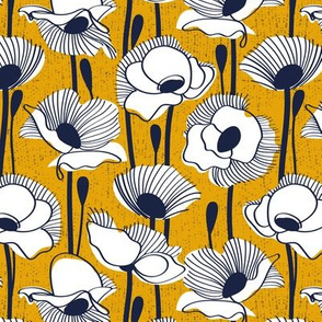 Small scale // Field of white poppies // goldenrod yellow background white wildflowers oxford navy blue line contour