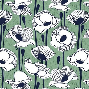 Small scale // Field of white poppies // jade green background white wildflowers oxford navy blue line contour