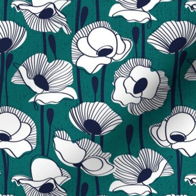 Small scale // Field of white poppies // pine green background white wildflowers oxford navy blue line contour