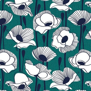 Small scale // Field of white poppies // pine green background white wildflowers oxford navy blue line contour