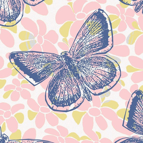 Butterfly Butterflies Blue Pink Flowers  Wallpaper Pattern Fabric 