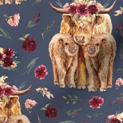 6" maroon floral highland cow with twins on stone blue background