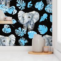 1" tropical watercolor elephant baby blue palms and monstera leaves on black background