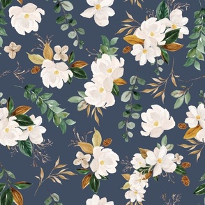 magnolia floral on navy background - medium