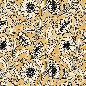 High plains sunflowers - black and cream with ochre - large scale