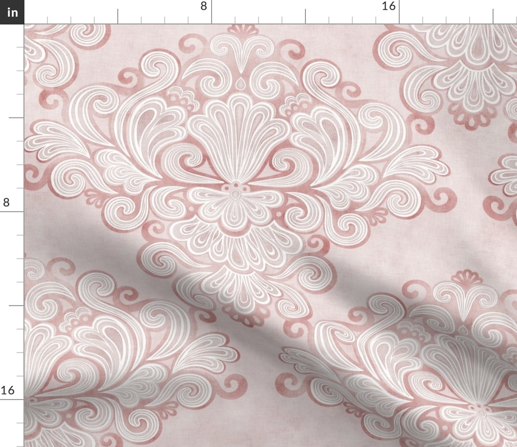 Rococo Damask Rose- Mauve-  Medium- Romantic Home Decor- Romantic Linen Texture Wallpaper