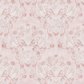 Rococo Damask Rose- Mauve- Small Scale- Face Mask- Romantic Linen Texture Wallpaper