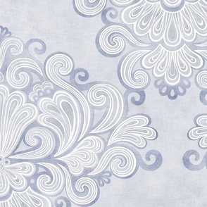Rococo Damask Blue Gray- Slate-  Large Scale- Romantic Home Decor- Romantic Linen Texture Wallpaper