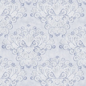 Rococo Damask Blue Gray- Slate- Small Scale- Face Mask- Romantic Linen Texture Wallpaper