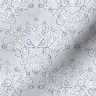 Rococo Damask Blue Gray- Slate-  Mini- Small Scale- Face Mask- Romantic Linen Texture Wallpaper