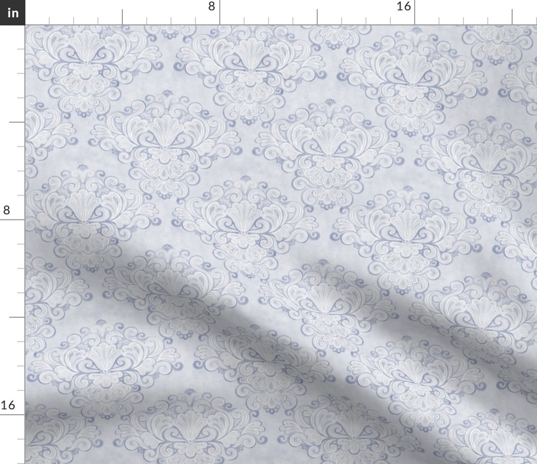 Rococo Damask Blue Gray- Slate-  Mini- Small Scale- Face Mask- Romantic Linen Texture Wallpaper