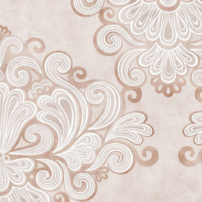 Rococo Damask Taupe- Greige-  Large Scale- Romantic Home Decor- Linen Texture Wallpaper