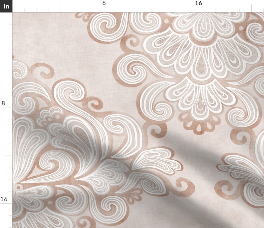 Rococo Damask Taupe- Greige-  Large Scale- Romantic Home Decor- Linen Texture Wallpaper