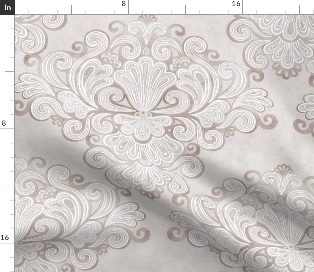 Rococo Damask Taupe- Greige Medium- Romantic Home Decor- Linen Texture Wallpaper