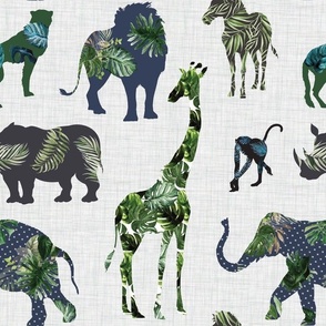 Tropical patchwork safaari animals on light gray linen background