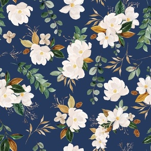 magnolia floral  navy royal blue background - medium