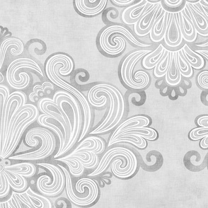 Rococo Damask Gray -Large Scale- Romantic Home Decor- Linen Texture Wallpaper