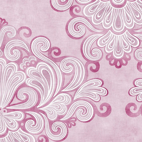 Rococo Damask Pink- Lilac -Large Scale- Romantic Home Decor- Linen Texture Wallpaper