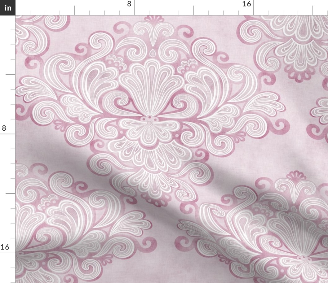 Rococo Damask Pink- Lilac- Medium- Romantic Home Decor- Linen Texture Wallpaper