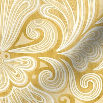 Rococo Damask Golden Yellow- Goldenrod- Large Scale- Romantic Home Decor- Romantic Linen Texture Wallpaper
