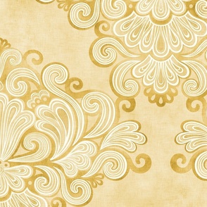 Rococo Damask Golden Yellow- Goldenrod- Large Scale- Romantic Home Decor- Romantic Linen Texture Wallpaper