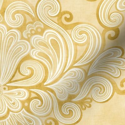 Rococo Damask Golden Yellow- Goldenrod- Medium- Romantic Home Decor- Romantic Linen Texture Wallpaper