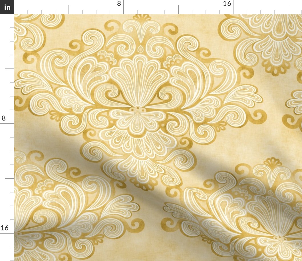 Rococo Damask Golden Yellow- Goldenrod- Medium- Romantic Home Decor- Romantic Linen Texture Wallpaper