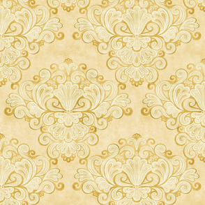 Rococo Damask Golden Yellow- Goldenrod- Small Scale- Face Mask- Romantic Linen Texture Wallpaper