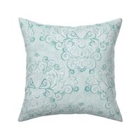 Rococo Damask Mint Green- Small Scale- Face Mask- Romantic Linen Texture Wallpaper
