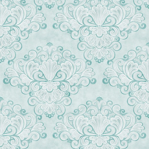 Rococo Damask Mint Green- Small Scale- Face Mask- Romantic Linen Texture Wallpaper