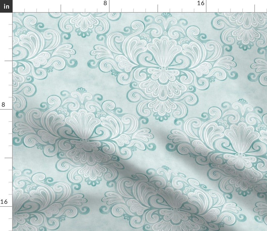 Rococo Damask Mint Green- Small Scale- Face Mask- Romantic Linen Texture Wallpaper